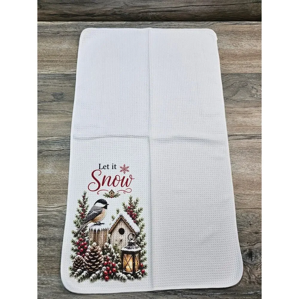 Let It Snow Chickadee Winter Kitchen Towel Rustic Farmhouse Birdhouse Decor